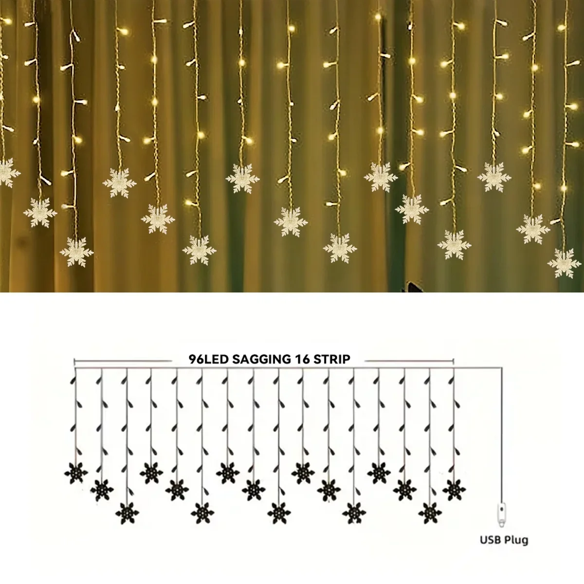 96 LED Snowflake Icicle Fairy Window Curtain Lights Fairy Lights USB Powered Remote Indoor LED Light Christmas Trees Room Decor