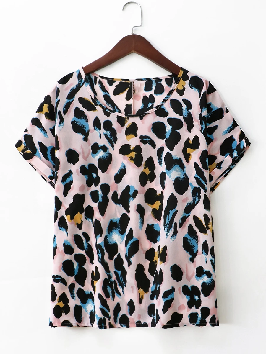 

Finjani Women's Plus Size Blouse Allover Leopard Print Top Round Neck Short Sleeve Clothing For Summer