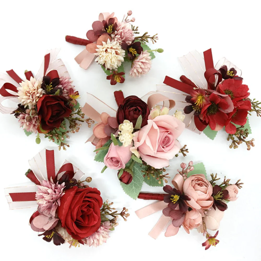 Mixed Red Flowers Wedding Boutonnieres for Groom with Ribbon Silk Rose Anniversary Bridesmaid Corsage Wrist botonier boda hombre