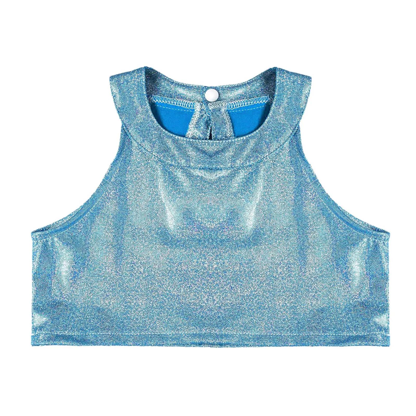 Kids Girls Metallic Shiny Jazz Dance Crop Top Sleeveless Keyhole Back Vest Tops Hip-hop Street Dancing Stage Performance Costume