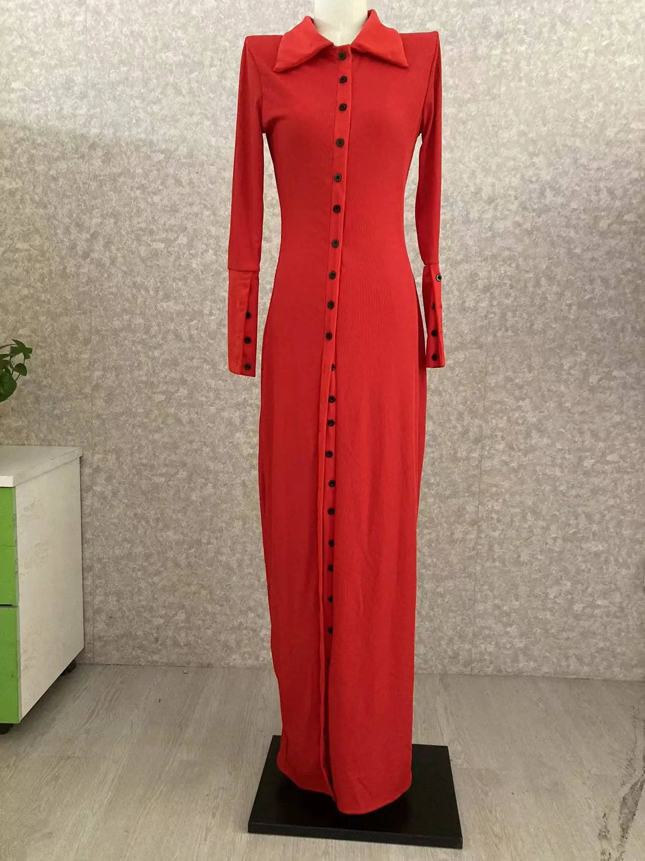 CM.YAYA Elegant Knit Ribbed Women Long Sleeve Single Breasted High Split Maxi Dress Fashion Street Blouse Shirt Long Dresses
