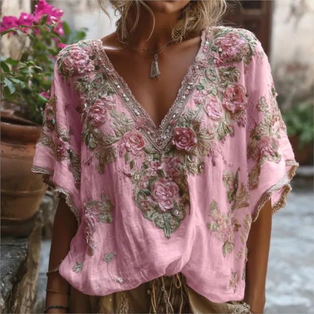 Vintage Fashion Floral Print Woman Shirts Blouse 2025 Summer Lace edge Deep V Neck Bat Sleeve Casual Loose Top Pullover Vacation 2