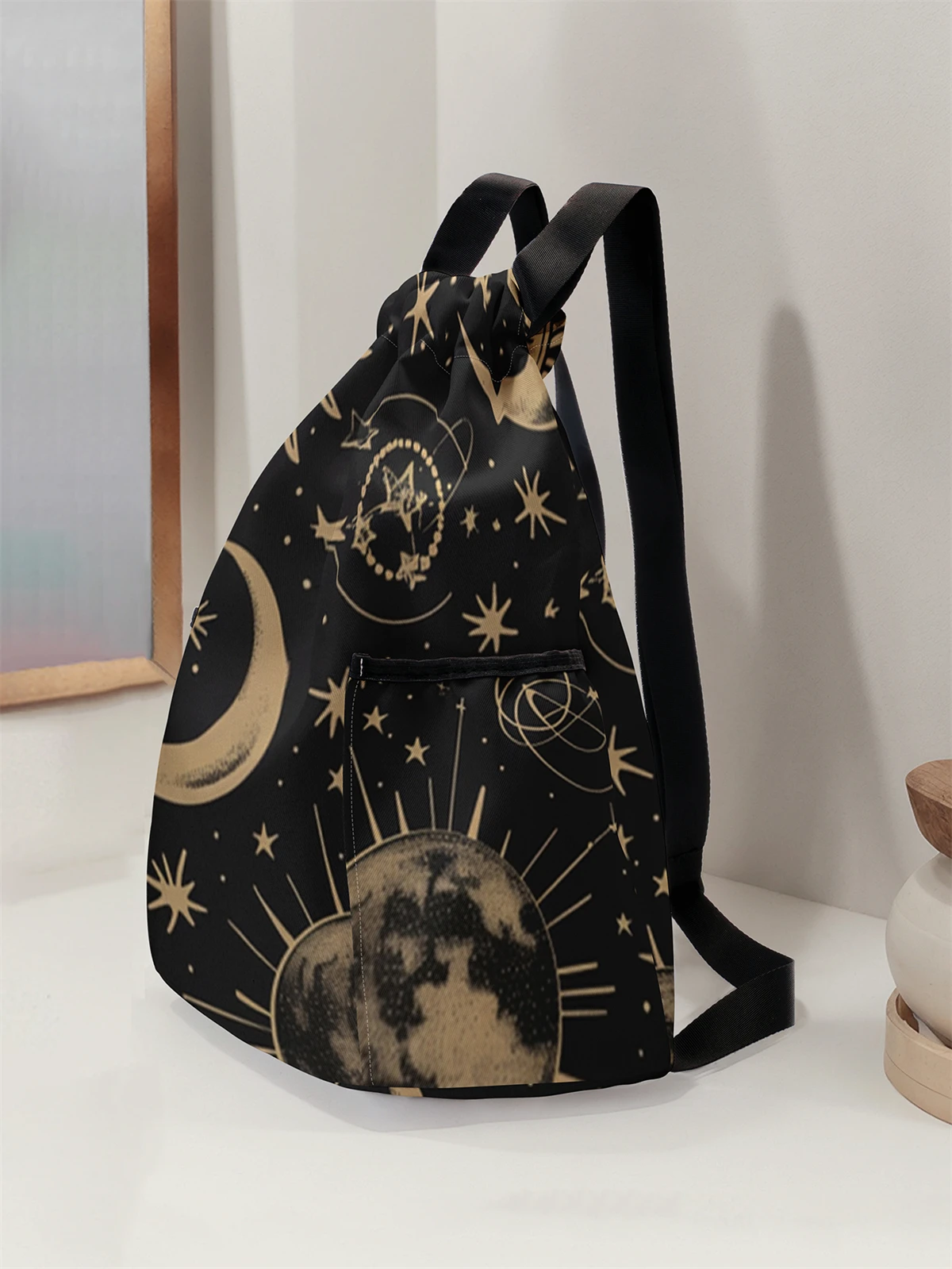 Moon and Star Pattern Drawstring Backpack - Large Capacity Durable Fitness Bag, Adjustable Shoulder Strap, Sports Beach Backpack