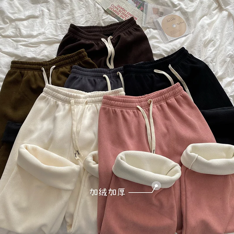 

JMPRS Fashion Solid Color Corduroy Pants Women Winter Baggy Elastic Waist Wide-leg Trouser Female Casual Loose Thick Sweatpants