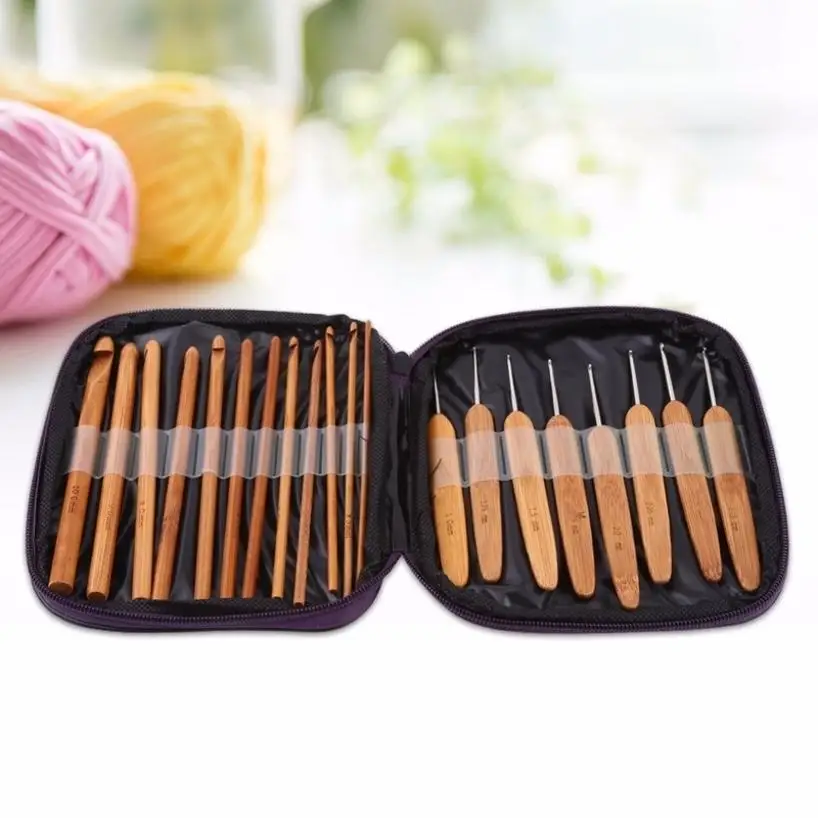 20 Pcs/set Crochet Hook Steel Knitting Needles Knit Bamboo Handle Needles Circular Knitting Needles Bamboo Knitting Needles