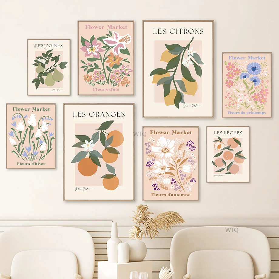 Oranges Peach Lemon Pear Flower Market Wall Art Canvas Painting Nordic Posters And Prints Pictures For Living Room Decor |