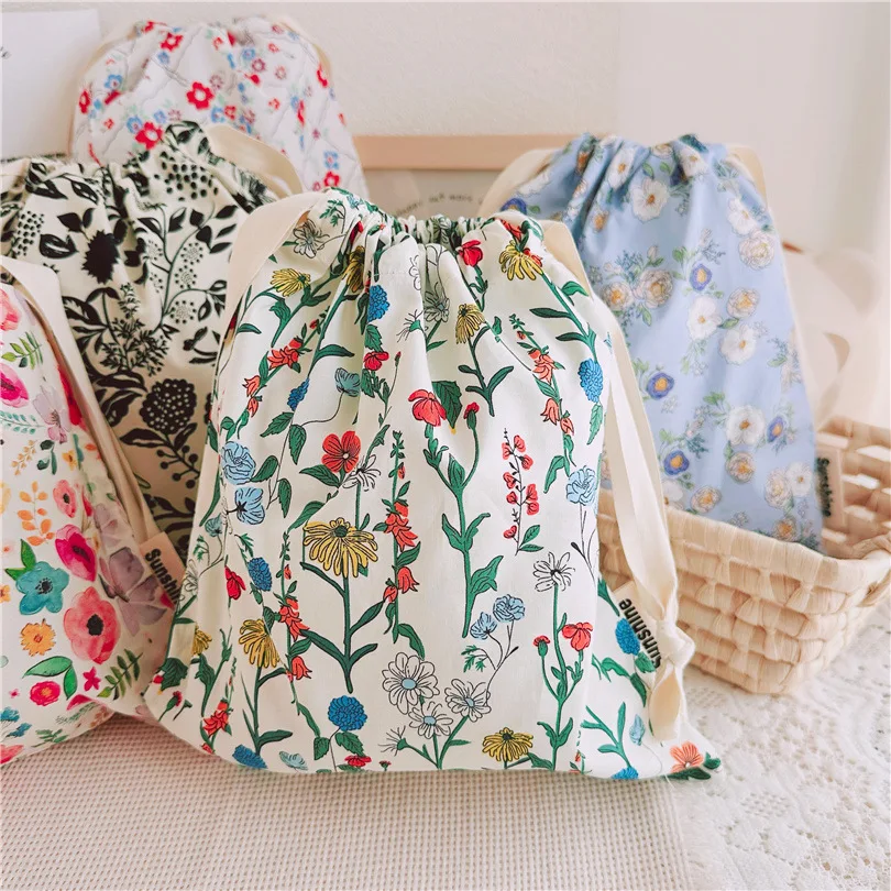 Floral Print Travel Drawstring Bag - Portable Cotton Organizer for Underwear, Socks, and Makeup
