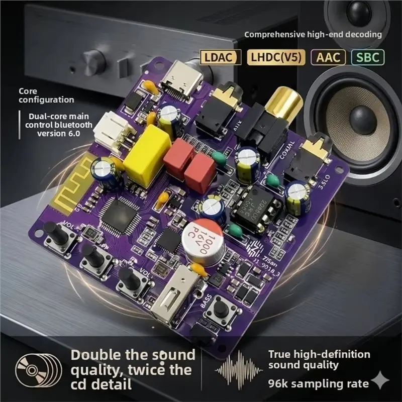 새로운 무손실 Hi-Fi 6.0 블루투스 Ldac 오디오 수신기 - 빈티지 앰프 및 스피커용 USB 및 동축 디코딩 플레이어