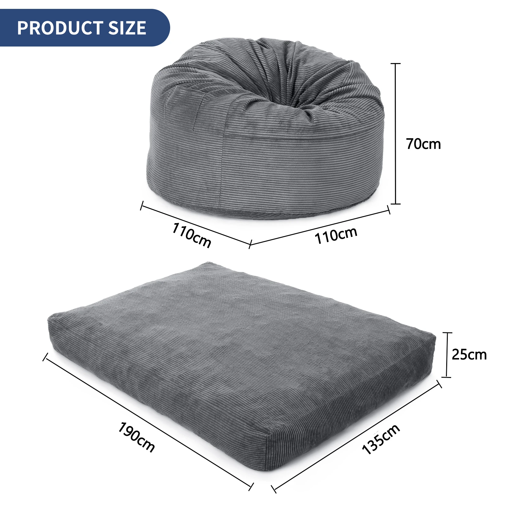 Riesiger Cord-Sitzsack für Erwachsene, 2-in-1 Konvertierbares Bodensofa zu Matratze mit Abnehmbarem Waschbarem Bezug – Detail 10