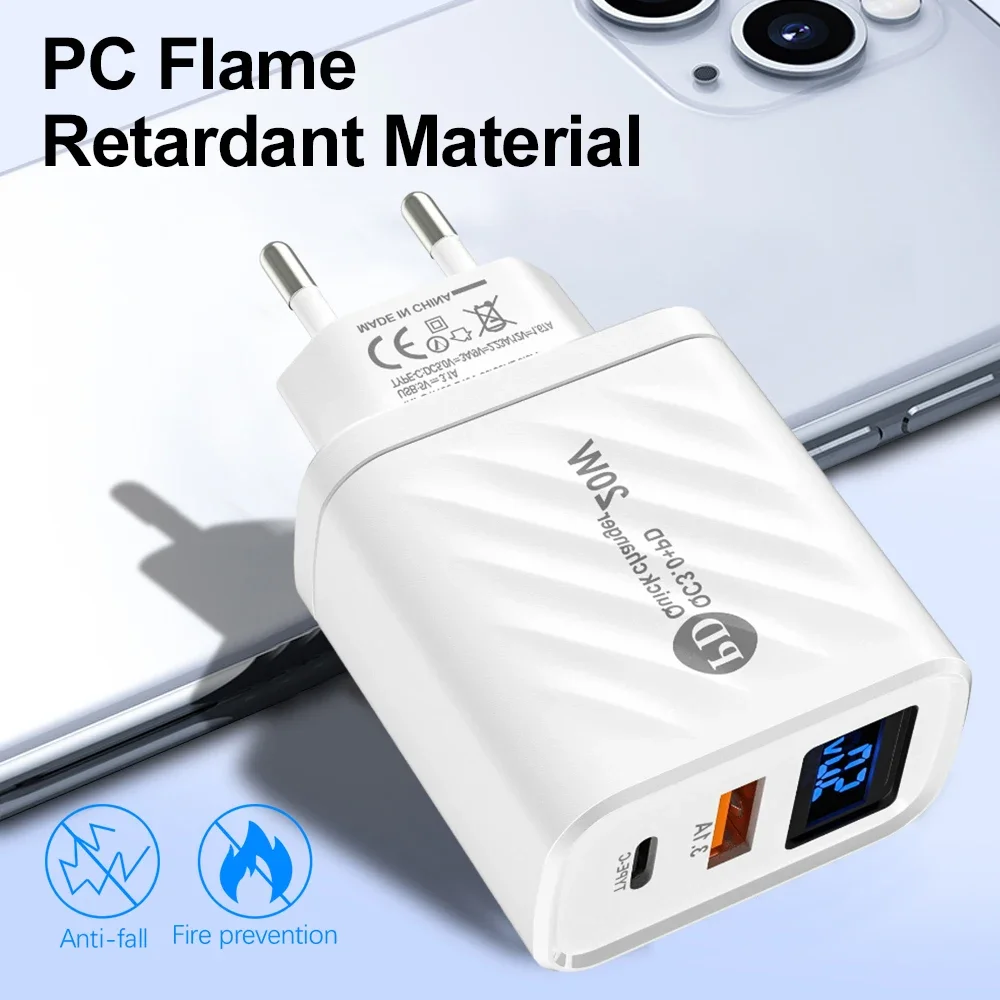 2 Ports Digital Display Chargers Quick Charge 20W PD USB Type C Charger Adapter for IPhone 14 15 Pro Max Samsung Xiaomi Huawei
