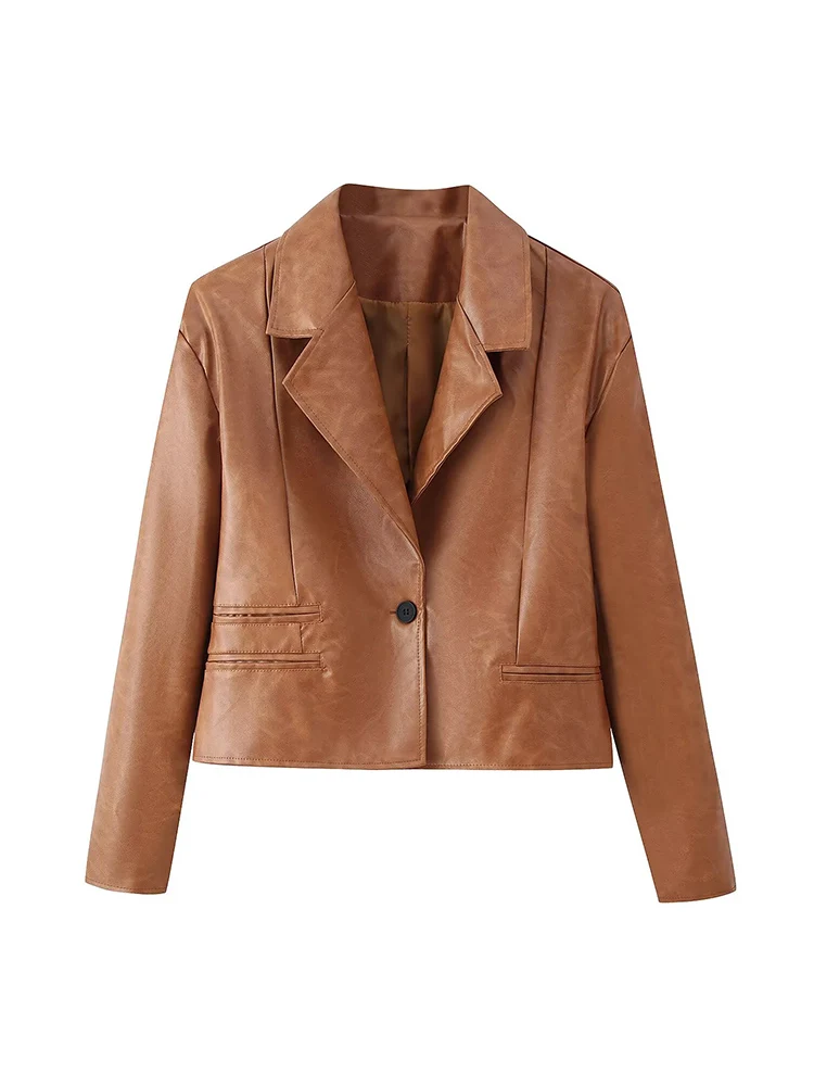 New Women PU Leather Jacket Autumn Spring Fashion Long Sleeve Lapel Collar Button Up Cropped Coats Slim Fit Streetwear Blazer