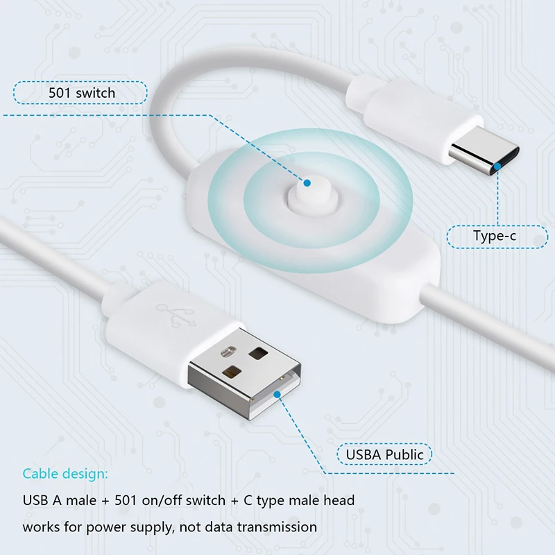 【C】1개 USB to Type C 스위치 케이블 5V 2A 전원 연장선 흰색/검정색 램프/팬 버튼 제어용