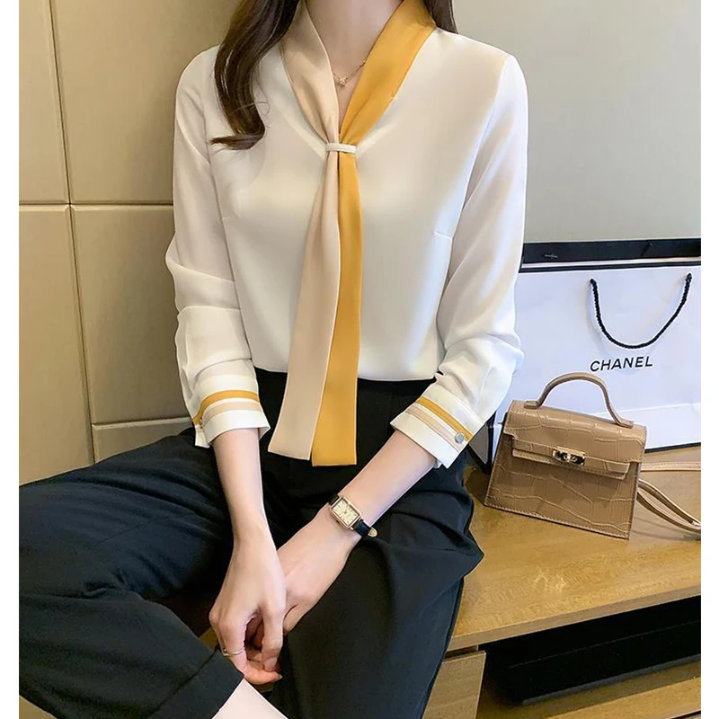 Spring Autumn Scarf Collar Office Lady Elegant Fashion Lace Up Shirt Top Women Long Sleeve Temperament All-match Cardigan Blusa