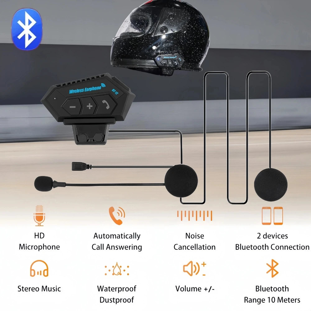 

BT12 Bluetooth Helmet Headset Wireless Handsfree Call Phone Kit Motorcycle Waterproof Earphone MP3 Music Player Speaker for Moto