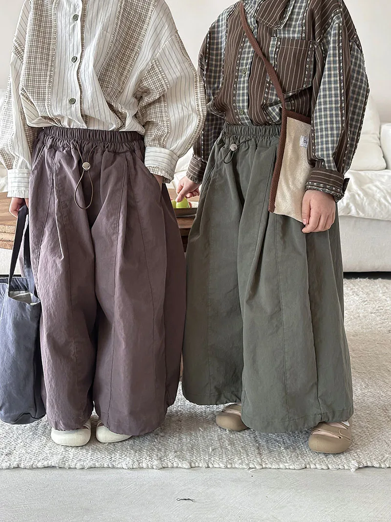 Autumn Kids Casual Wide Leg Pants Solid Color Drawstring Trousers
