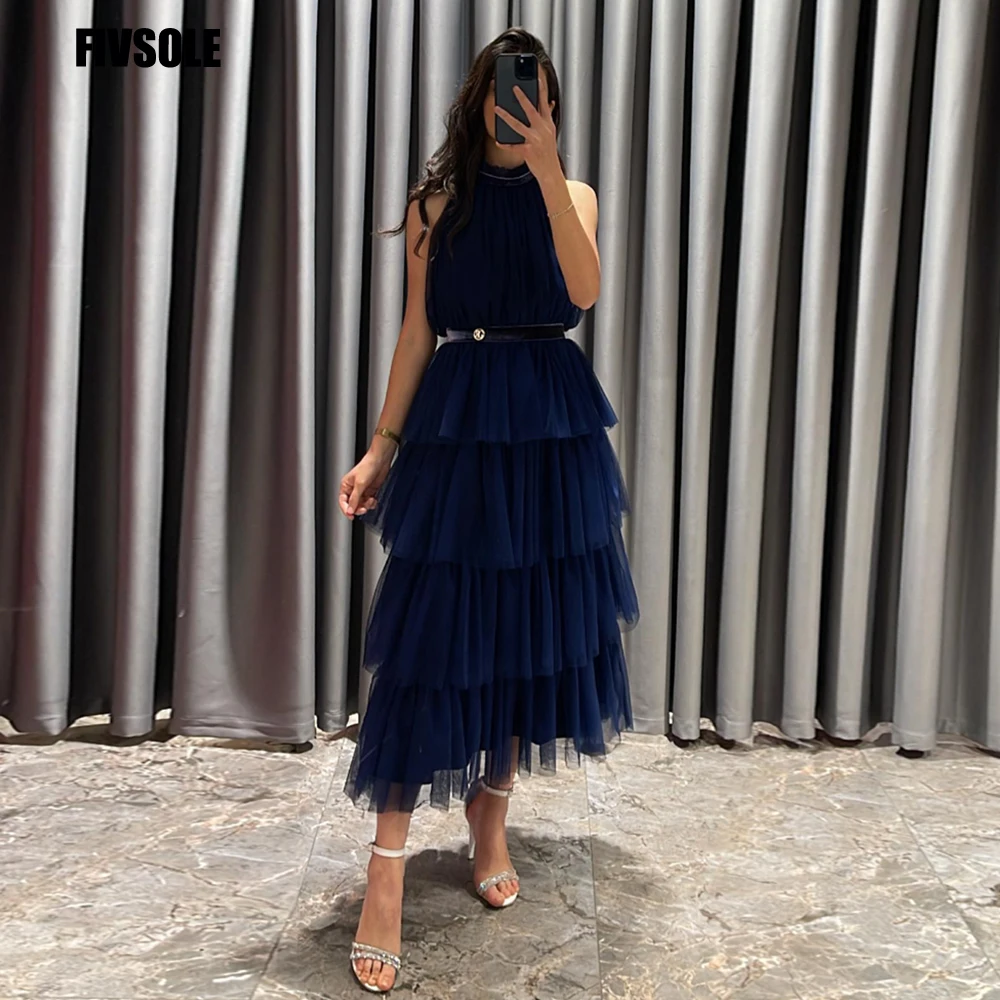 

Fivsole Halter Tiered Tulle A-line Prom Dress Dubai Arabia Vestidos De Noche Navy Blue Tea Length Robes De Soirée Party Dresses