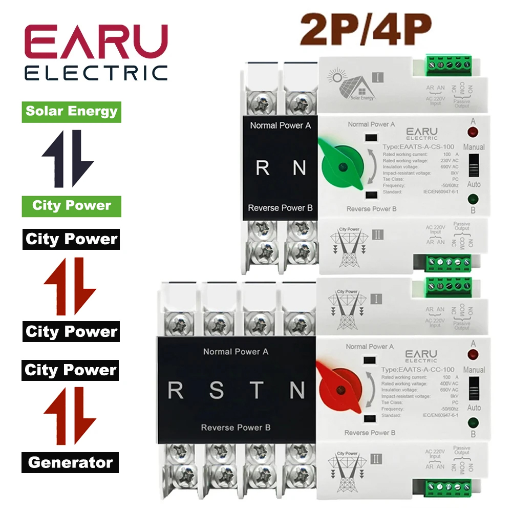 2P 4P ATS Dual Power Automatic Transfer Switch Selector Switches Uninterruptible Millisecond Power Generator 100A AC 220V 110V