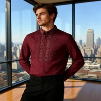 Chemise Homme Vintage à Broderie Florale Géométrique Blanche à Manches Longues Boutonnée Style Business Décontracté 2
