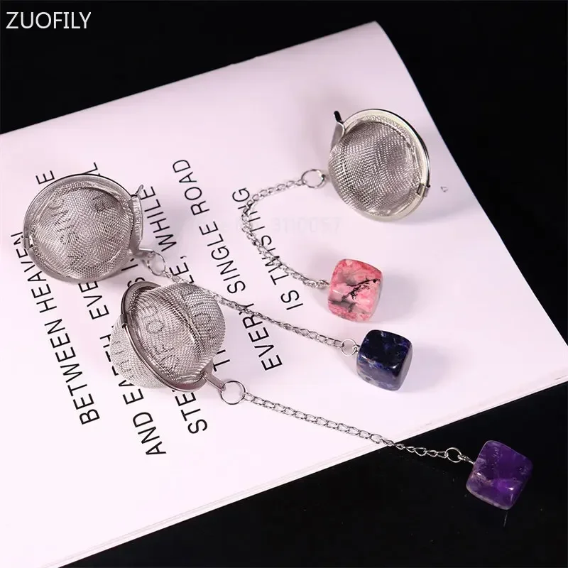 New Natural Crystal Square Stone 304 Stainless Steel Tea Infuser Mesh Filter with Chain Tea Strainer Teapot Spice Seasoning Ball