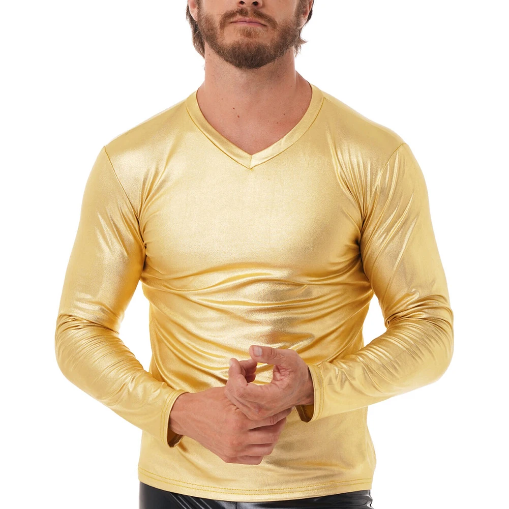 

Мужская Блестящая футболка с длинным рукавом и V-образным вырезом