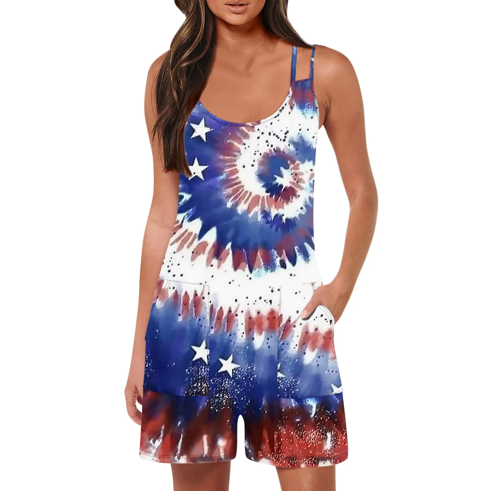 

Women'S Fashion Casual Loose Sleeveless With Pockets Independence Day Printed Jumpsuit Elegant Dresses For Women Sexy Dress 2024
