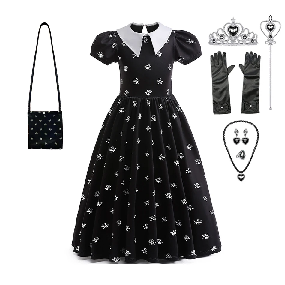 thumbnail image 1 of Addams-vestido de Cosplay para niña y niño, disfraces de película, vestidos góticos negros, ropa de fiesta de Halloween para mujer, 1 of 5