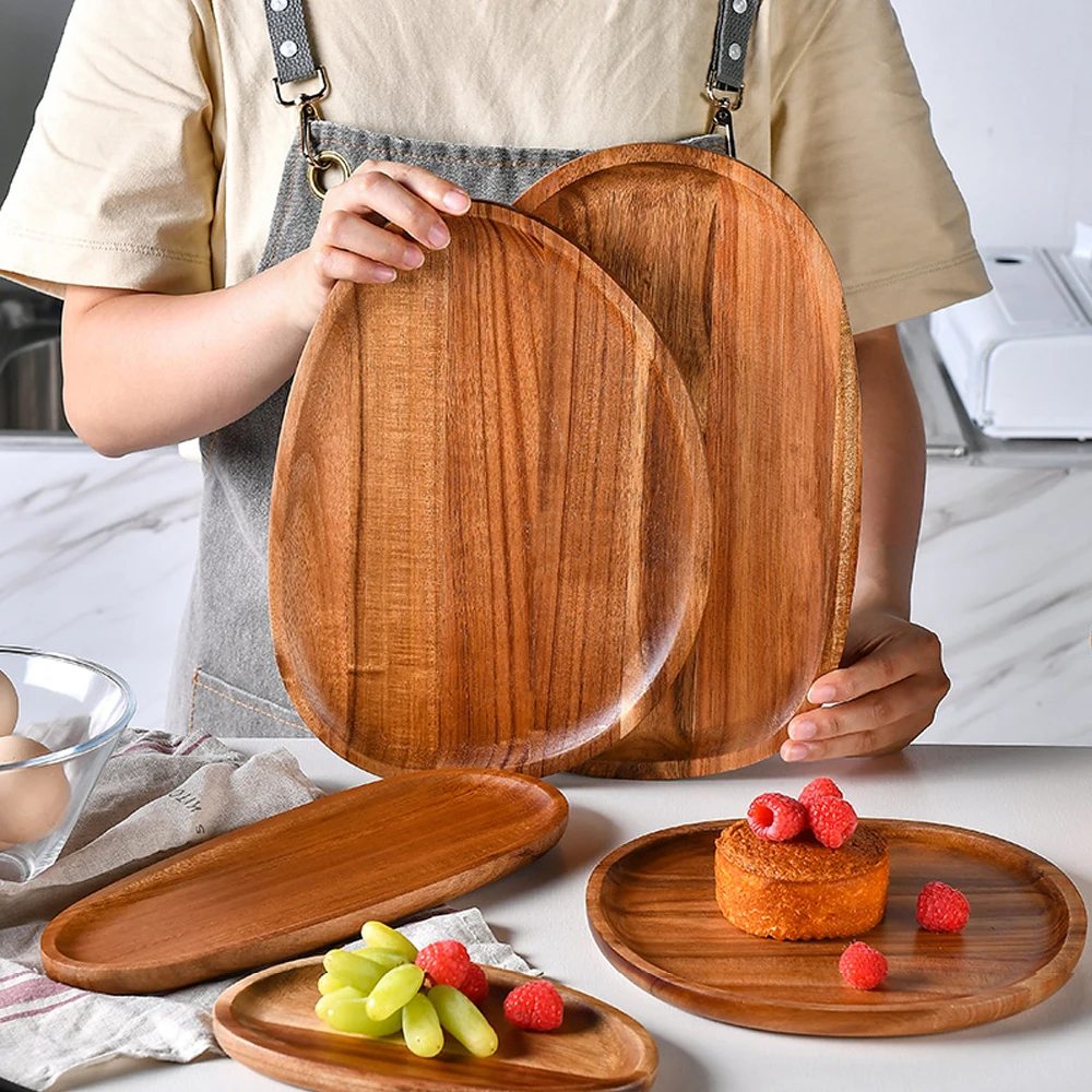 1Pc Oval Acacia Wood Food Serving Plate