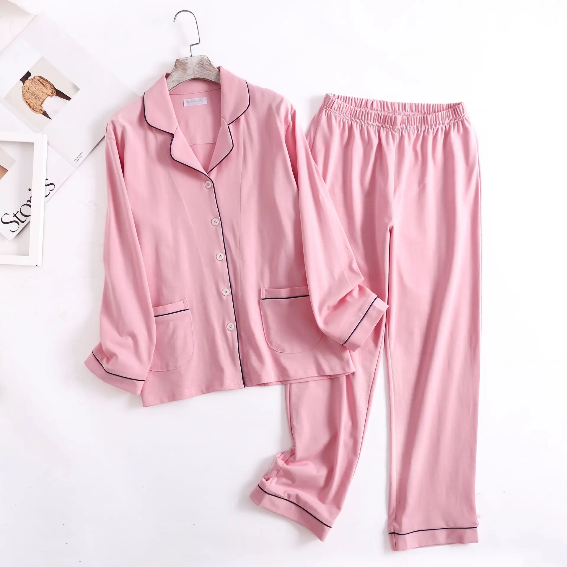 

Spring Cotton Knitted Pajamas for Women's Sleepwear Suit Long Sleeve Pants Pajamas Homewear Set Pijamas Women Cotton