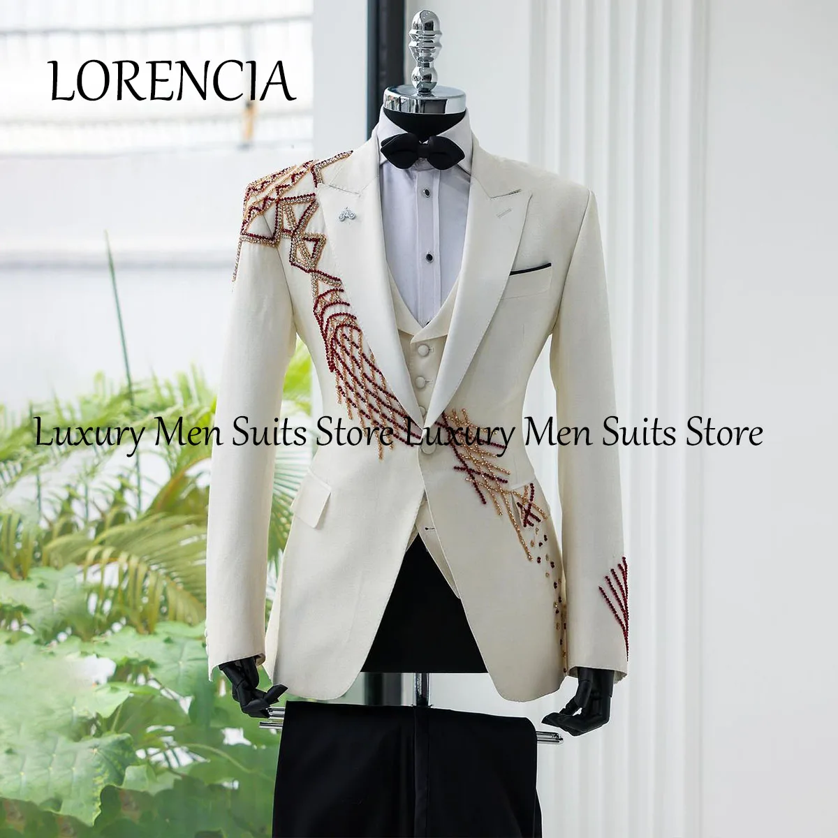 Crystals Men Suits Peaked Lapel Wedding Groom Tuxedos 2 Pieces Sets Male Party Prom Blazer Slim Costume Homme