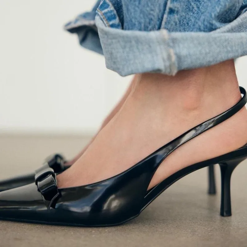 Women Slingback Sandals Fashion Modern Office Shoes for Women Black Wedding Slingback Pointed Toe Butterfly Decoration Female High Heeled Sandals