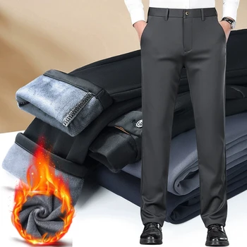 Flannel Thick Men's Casual Pants Navyblue Winter New Fleece Business Stretch Warm Plush Trousers Brand Slim Straight Male Pants