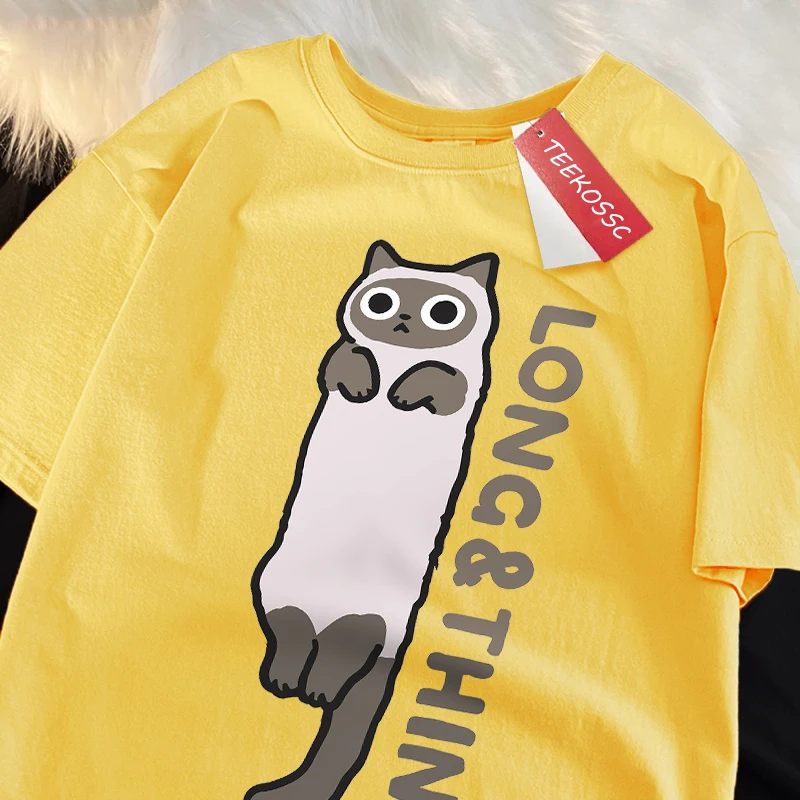 Fun Slender Gray Cat Print Japanese Style Clothes Man Casual Loose Tshirts O-Neck Summer T-Shirts Simplicity Cotton Short Sleeve