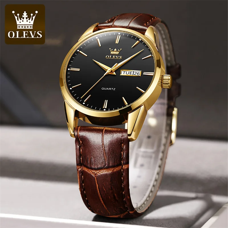 OLEVS Watch for Men Top Brand Luxury Men Quartz Wristwatches Breathable Leather Strap Waterproof Business Casual Men Watch