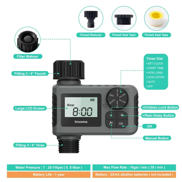 INSOMA Automatic Water Timer Intelligent Irrigation Watering System LCD Display IPX5 Sprinkler Timer Garden Programmer Equipment 2