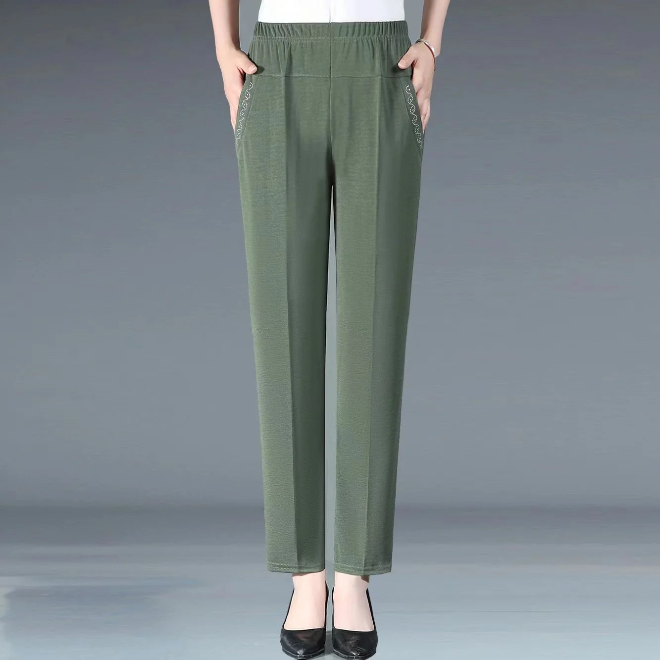 High Waist Elastic Large Size Casual Pants Autumn Season Mom Pants Straight Leg Harlan Pants Nine Points for Older Women - Image 3