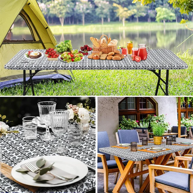 Olanly Rectangle Vinyl Table Cloth Elastic Fitted Tablecloth Waterproof Plastic Table Covers Fold Tables Picnic Camping Outdoor 5