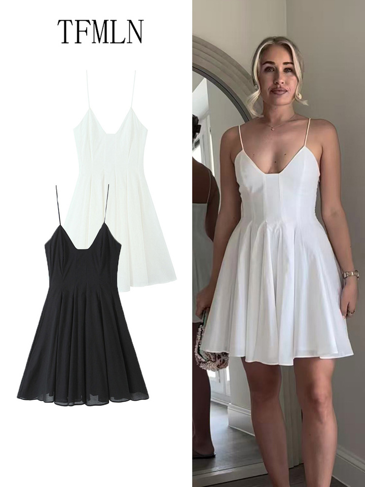 TFMLN Sweet Women Pleated Mini Strap Dress 2025 Summer Elegant V-neck Sleeveless Backless Party Dress Chic Causal A-line Dress