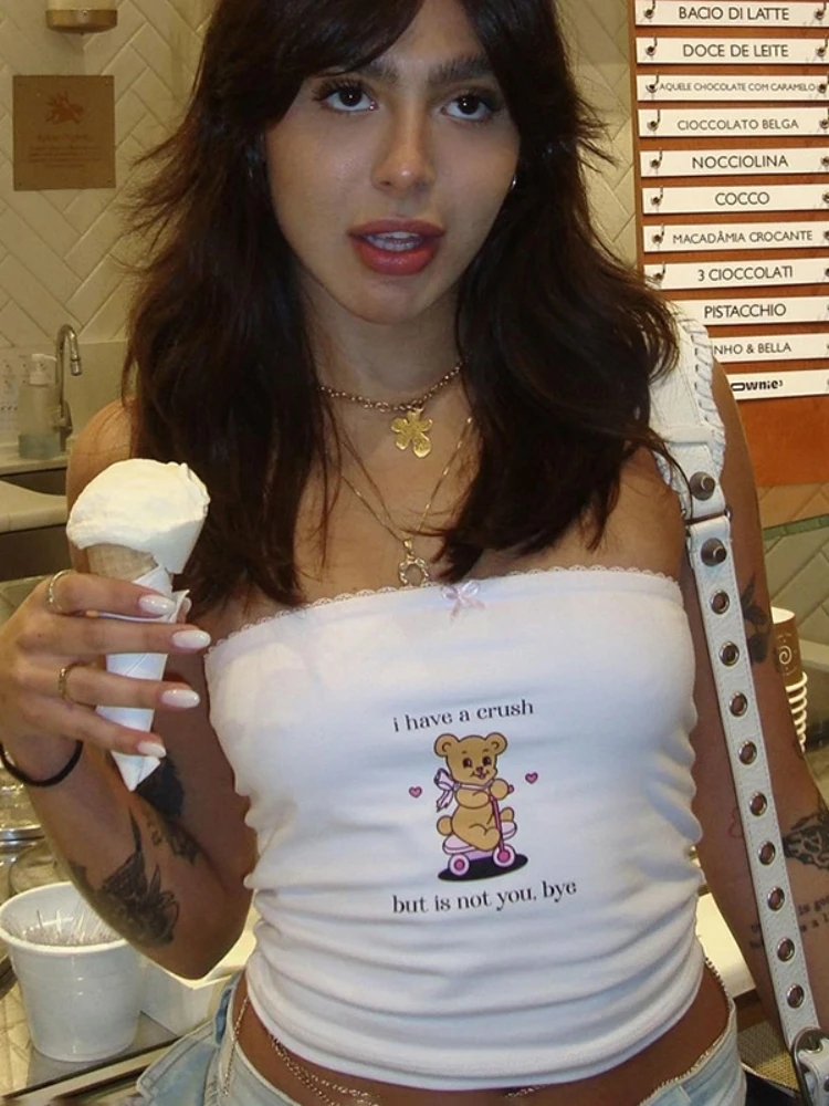 Top de corsé blanco sin mangas de verano con estampado de letras de oso bonito, top corto sexy ajustado para mujer, ropa de moda con lazo de encaje, ropa de mujer