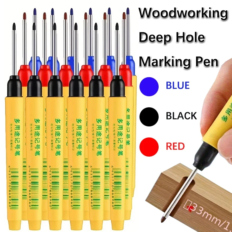 33mm Long Head Marking Pen Red Blue Black Long Head Marking Pen Woodworking Deep Hole Waterproof Tool 6Pcs/set