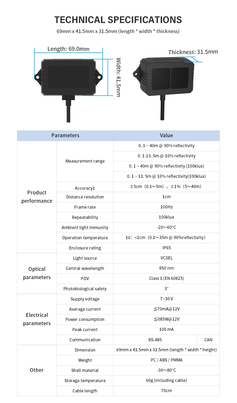 Benewake TF02-i 40M IP65 Protected LiDAR Mid-Range Distance Sensor Module 1000Hz