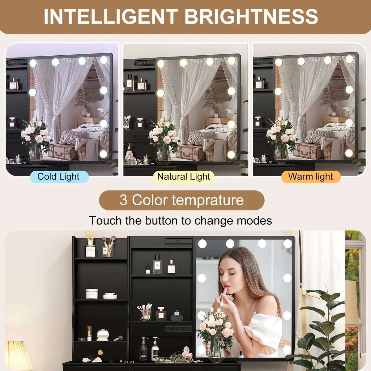 Rustic wooden makeup vanity with lit mirror: three adjustable lights, drawers & storage shelves — view 4