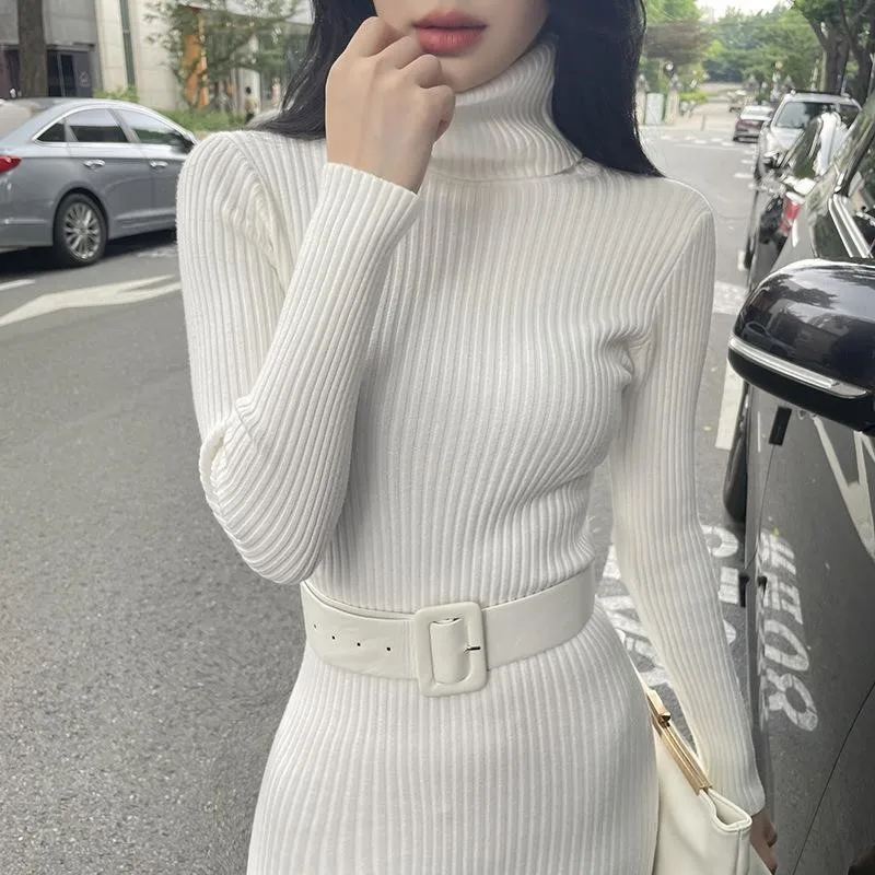 

Long Sleeve Winter Dress Women Korean Turtleneck Silm Elasticity Midi Sweater Dress Pullover Knitted Bodycon Dress With Belt