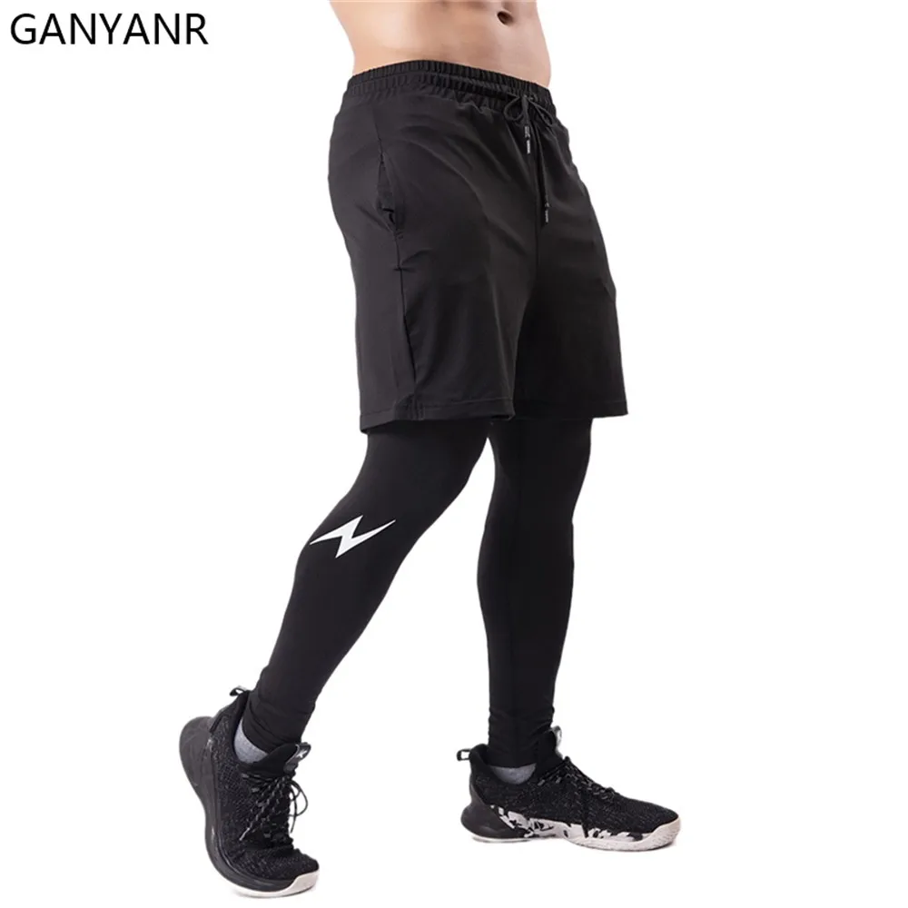 GANYANR Running Tights Men Fitness Training Track Suit Compression Pockets winter Legging Cargo pants Sports gym 2in1 sport
