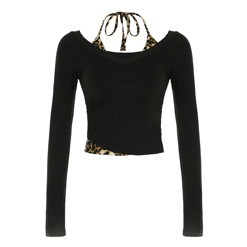 Patchwork Leopard Haled Fake Two Piece T-Shirt Women Long Sleeve Sexy Slim Design s New Blouses & Shirt Fashion