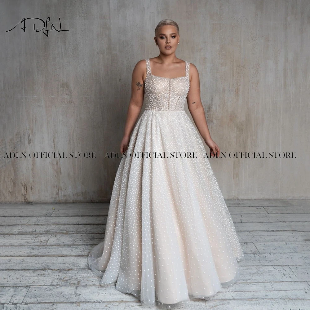 Elegant Plus Size Wedding Dresses with Straps Glitter Dot Tulle A-line Bridal Gown Backless Bride Dress Customized 5