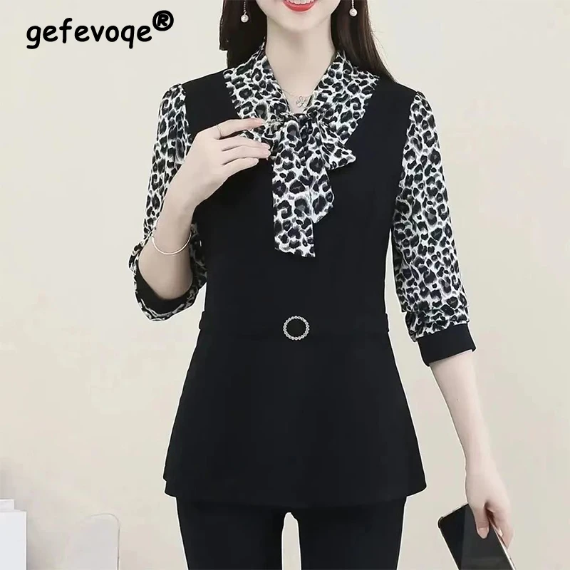 

Autumn Winter Women's Fack Two Piece Print Pactchwork Bow Shirt Female Elegant Fashion Long Sleeve Blouse Office Lady Blusa Top
