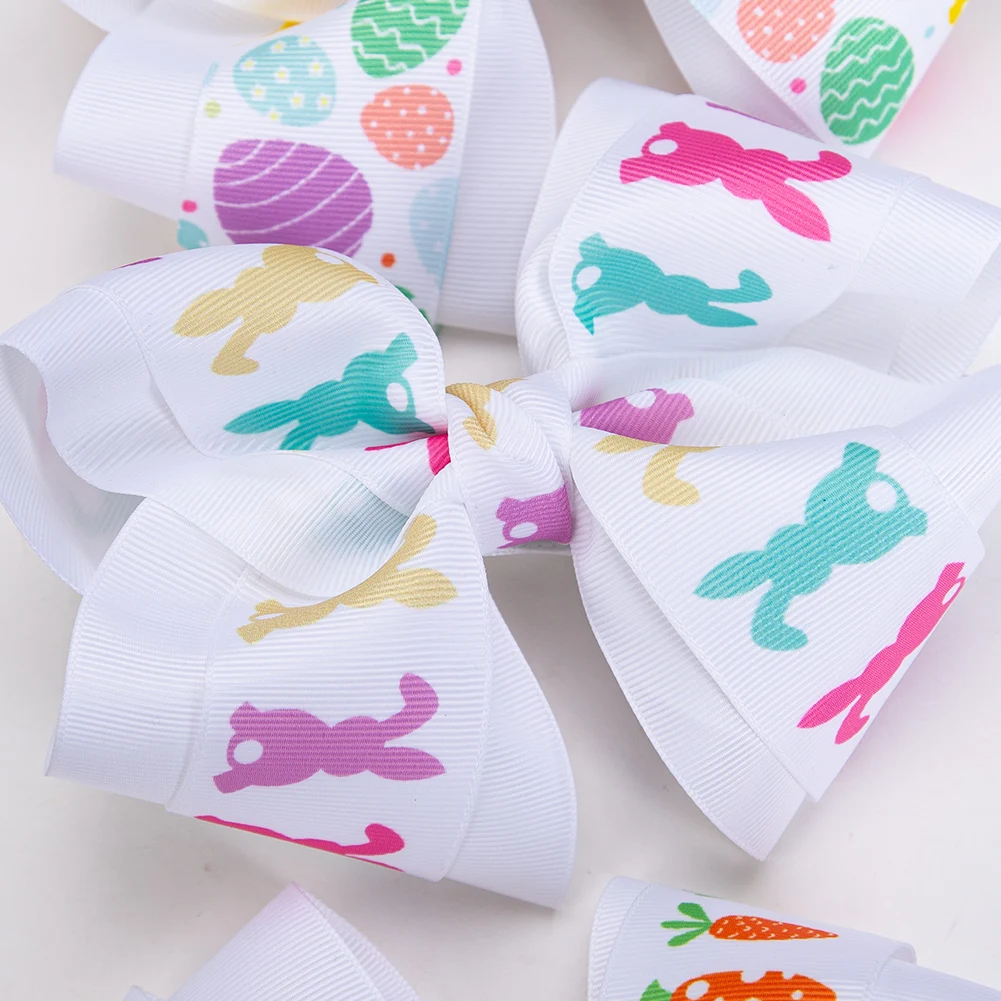 6 인치 대형 활 부활절 날 헤어 클립 귀여운 계란 토끼 Carroot 인쇄 Grosgrain 리본 Hairbows 머리핀 어린이 파티 모자를 쓰고 있죠