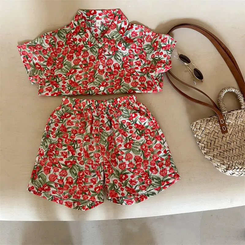 

Children's Suit Summer New Floral Short-sleeved Shirt + Shorts Children's Chiffon Shirt Holiday Style Two-piece Set