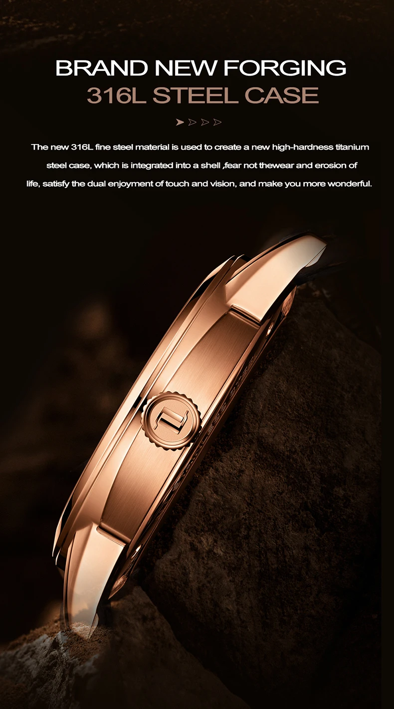 OBLVLO Luxury Brand Waterproof Casual Watches 42mm Skeleton Watches Rose Gold Automatic Watches with Sapphire Crystal VM-S