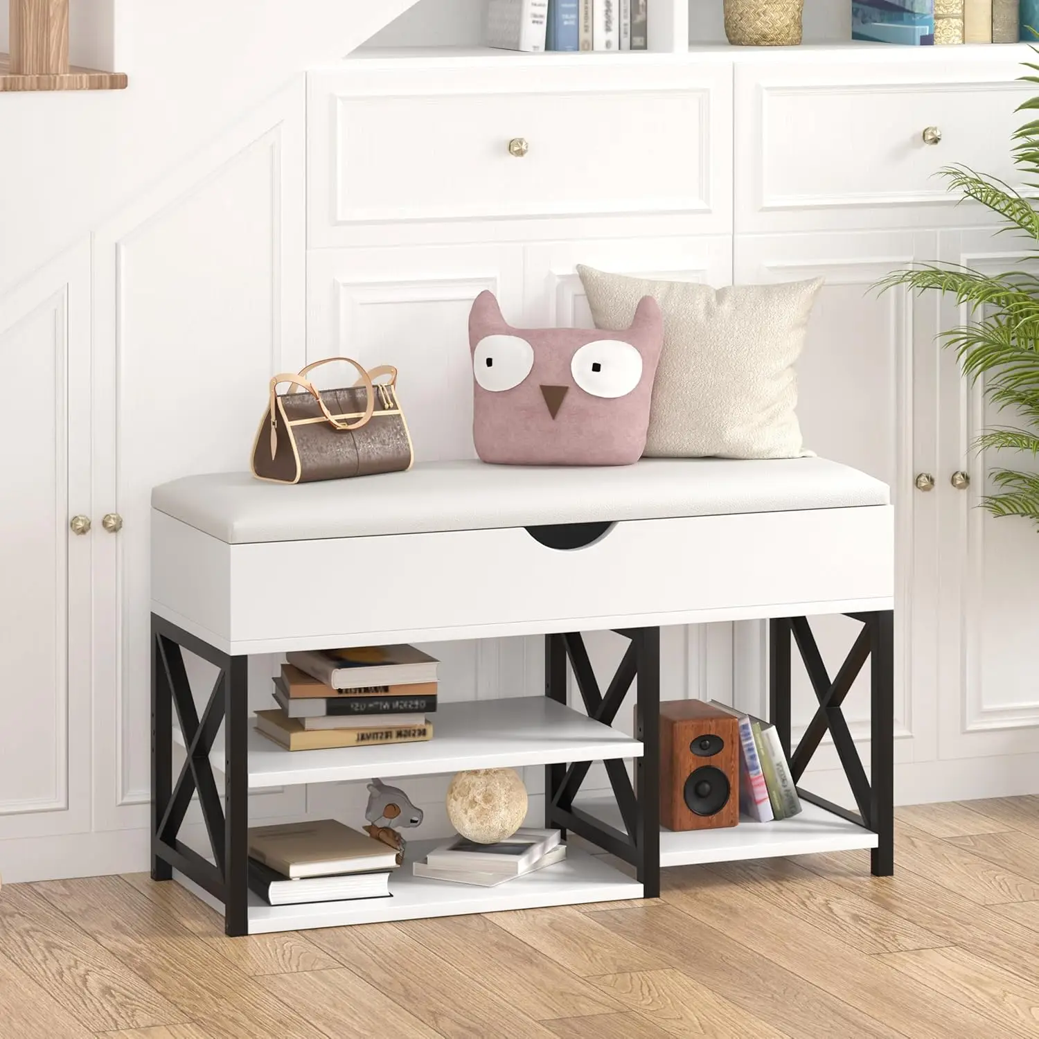 3-Tier Shoe Bench, Entryway Shoe Rack with Storage Organizer and Padded Seat for Hallway, Living Room, White